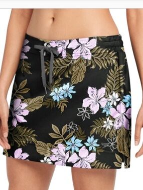 Speedo Black Floral Swim Skort with Pastel Pink and Blue Flowers